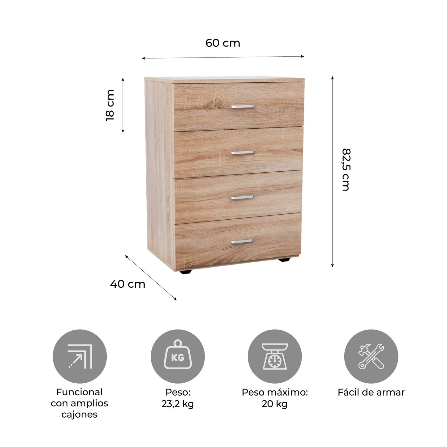 Cómoda Cajonera Minimalista Estilo Madera Roble