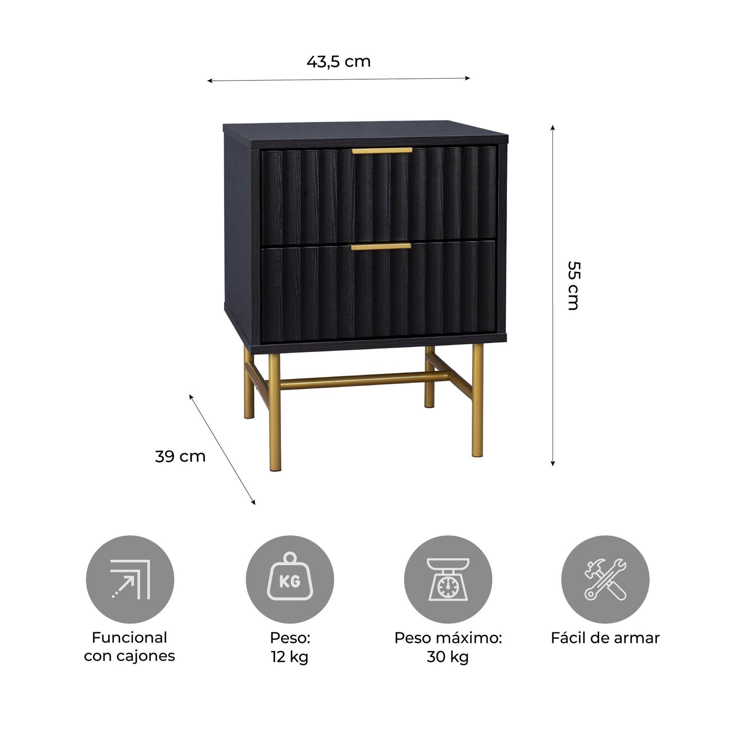Buró Moderno Diseño Acanalado con 2 Cajones Negro y Dorado