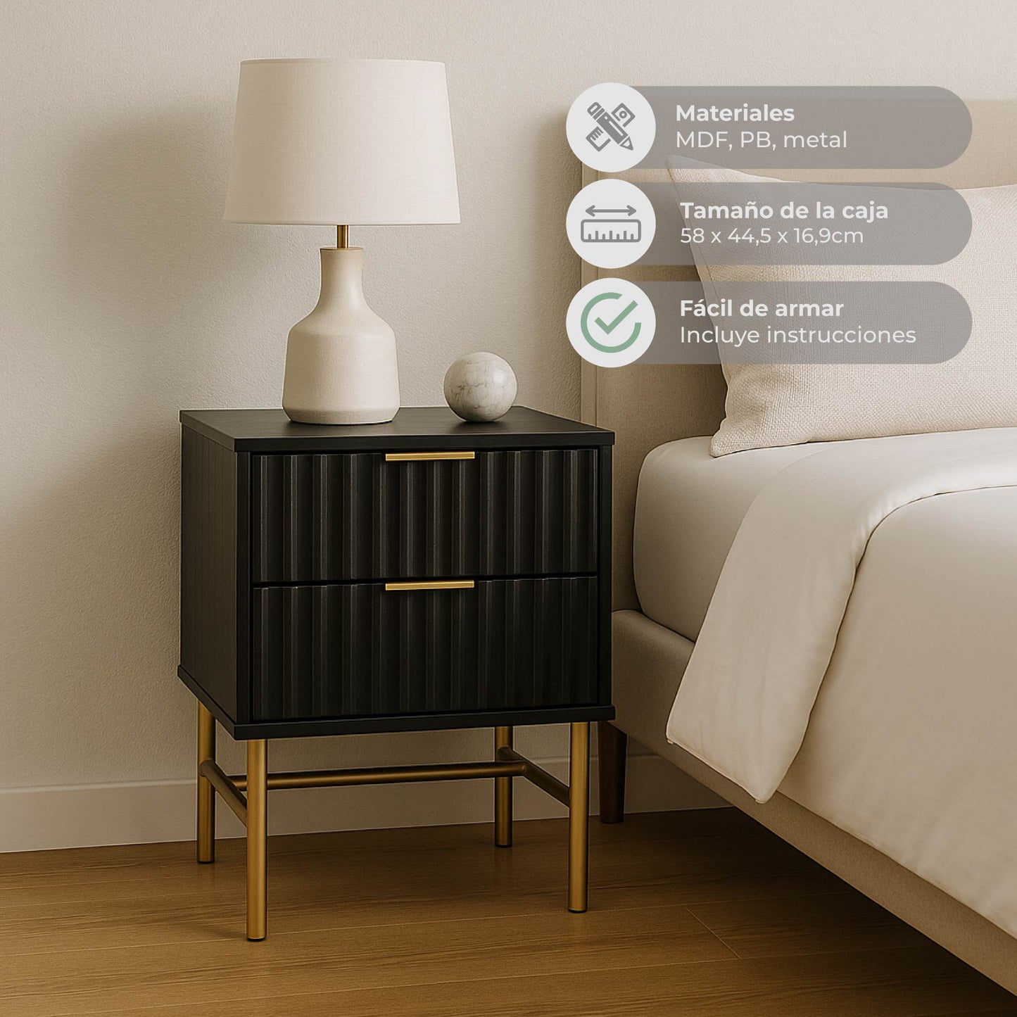 Buró Moderno Diseño Acanalado con 2 Cajones Negro y Dorado