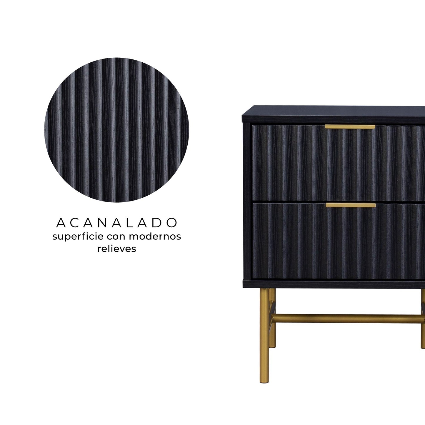 Buró Moderno Diseño Acanalado con 2 Cajones Negro y Dorado