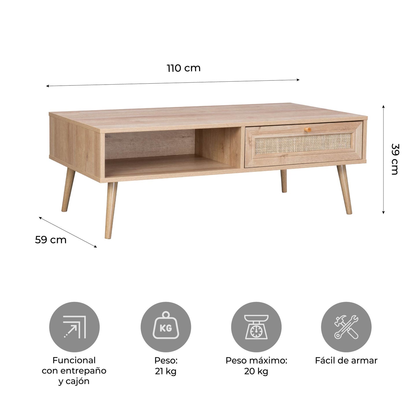 Mesa de Centro con Estante y Cajón de Ratán