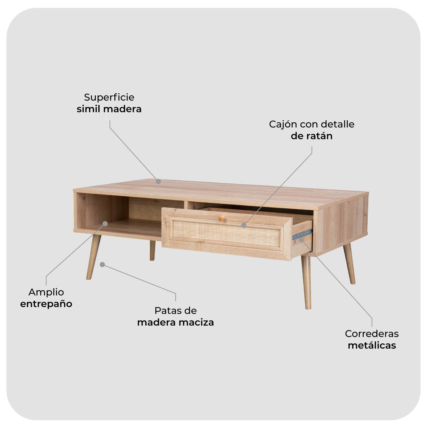 Mesa de Centro con Estante y Cajón de Ratán