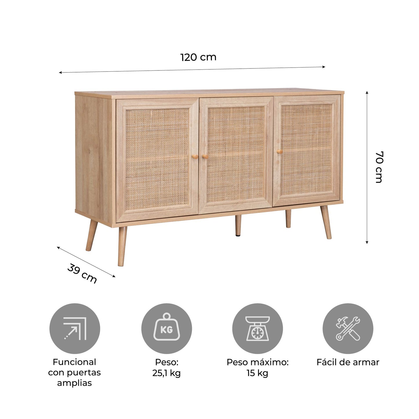Credenza Bufetera con 3 Puertas de Ratán
