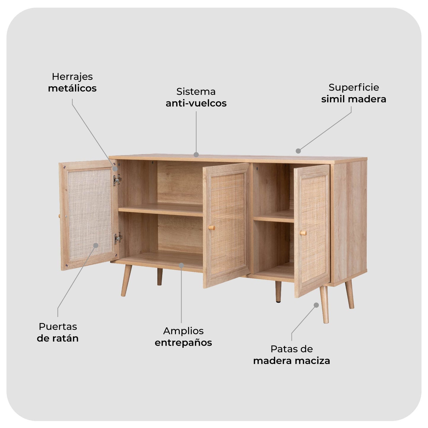 Credenza Bufetera con 3 Puertas de Ratán