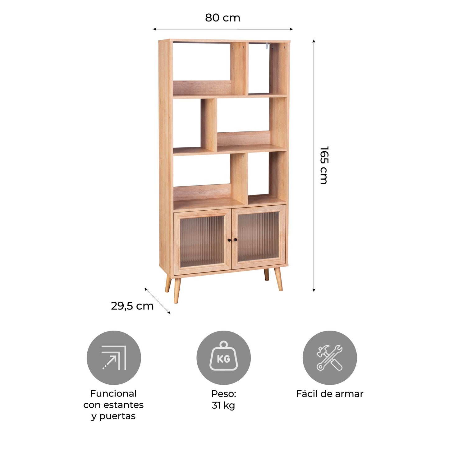 Librero Vertical con Estantes y Puertas de Vidrio