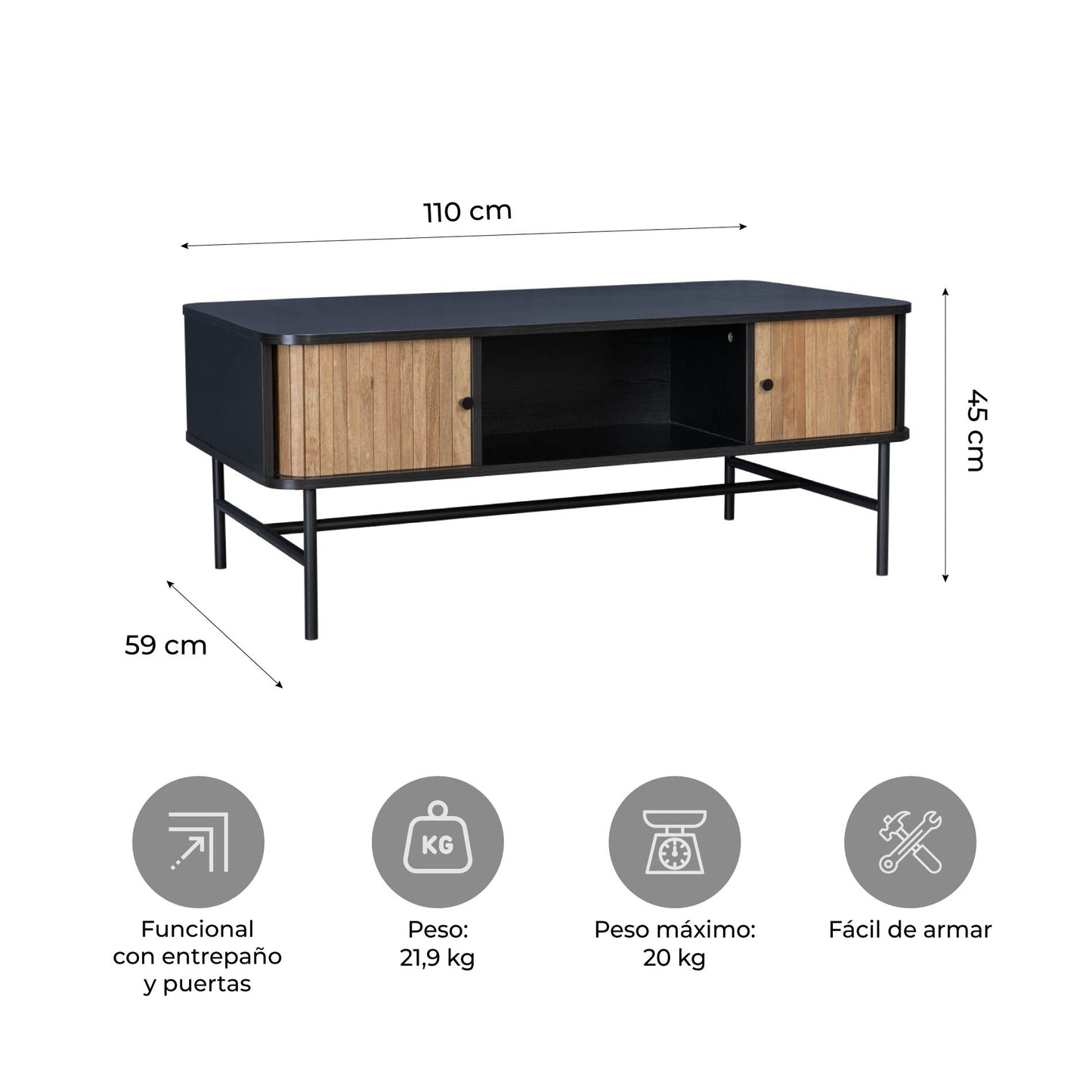 Mesa de Centro Moderna con Puertas Corredizas