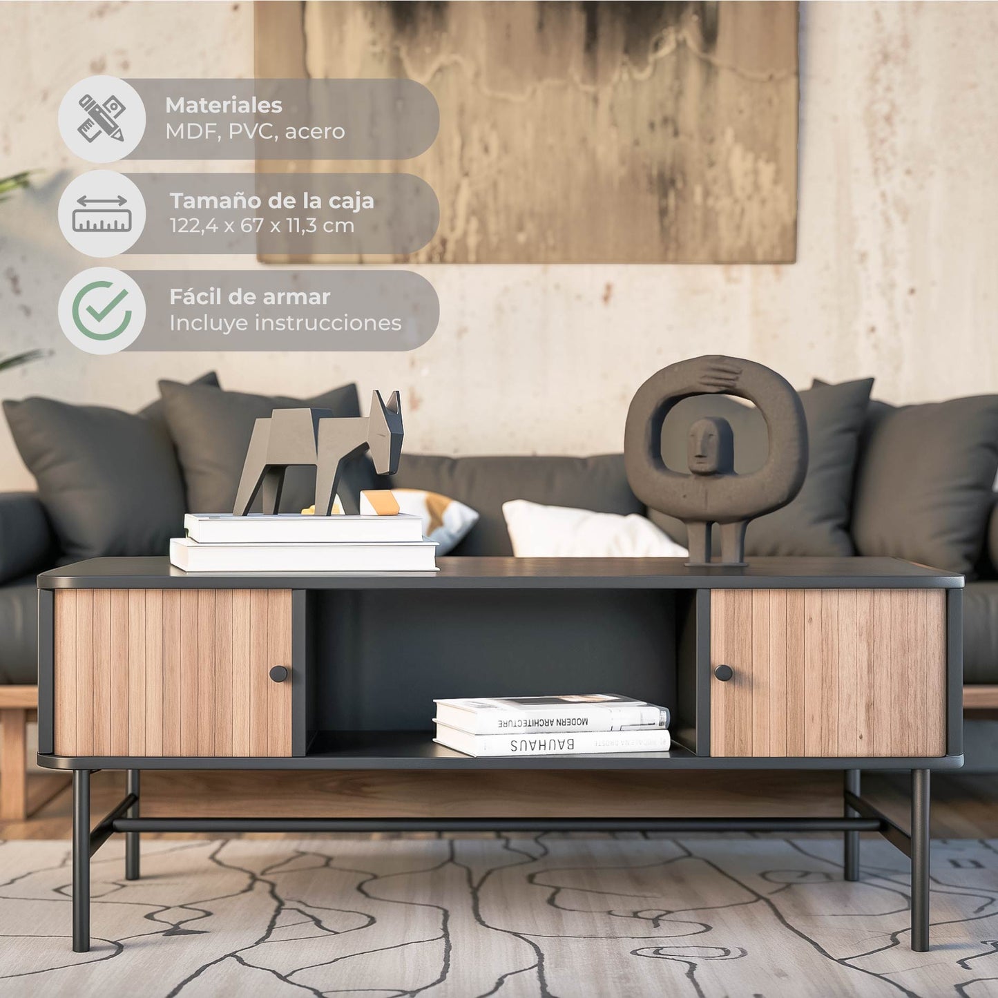 Mesa de Centro Moderna con Puertas Corredizas