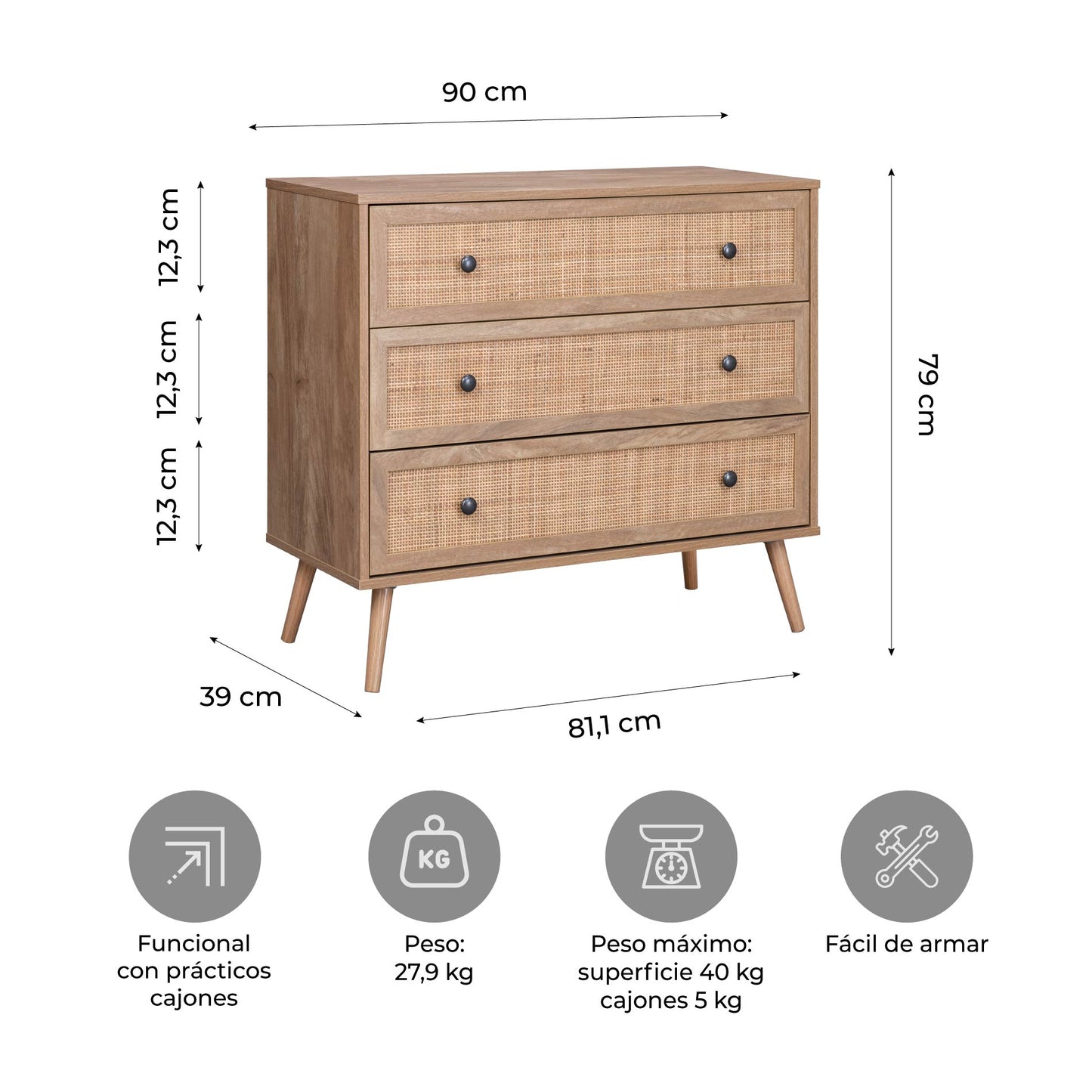 Cómoda con 3 Cajones de Ratán