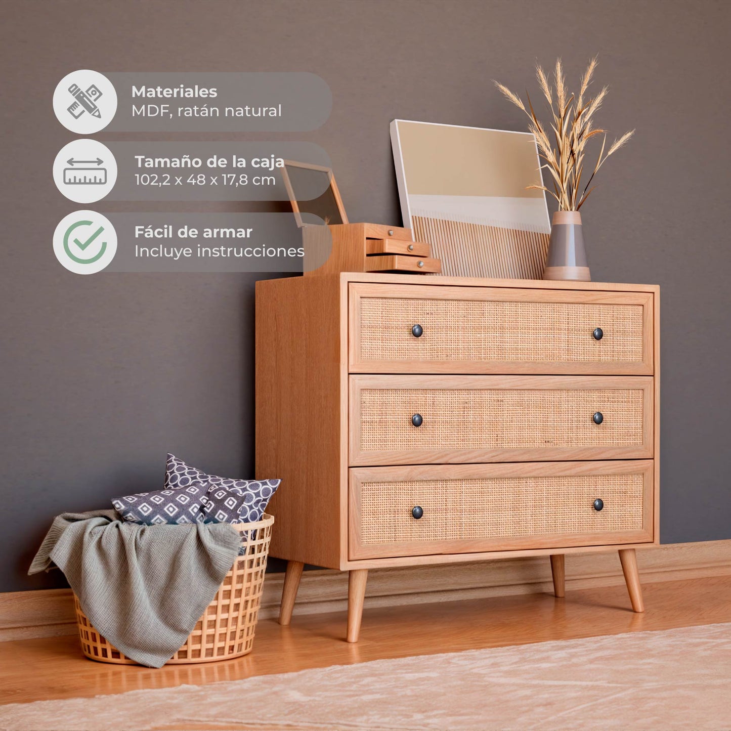 Cómoda con 3 Cajones de Ratán