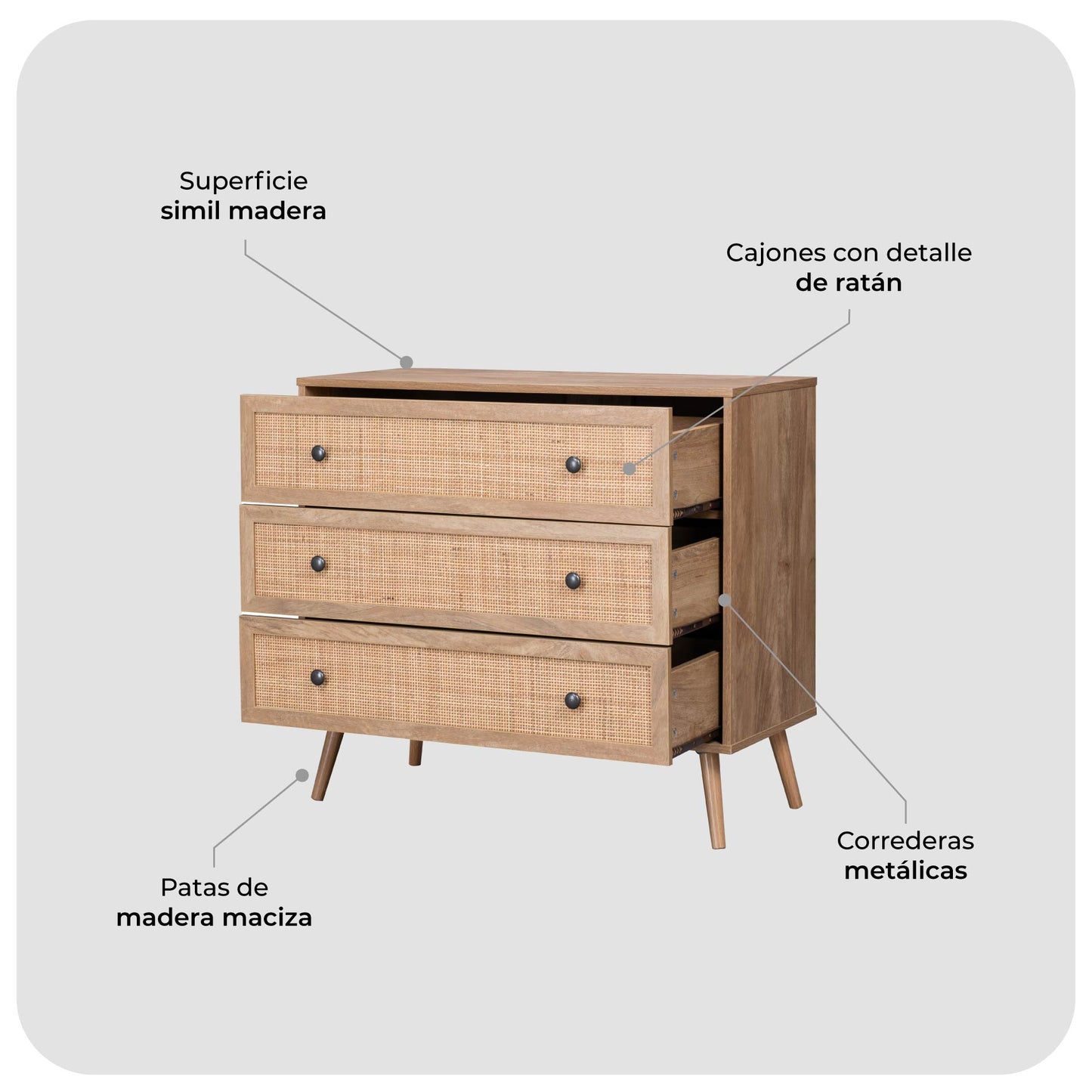 Cómoda con 3 Cajones de Ratán