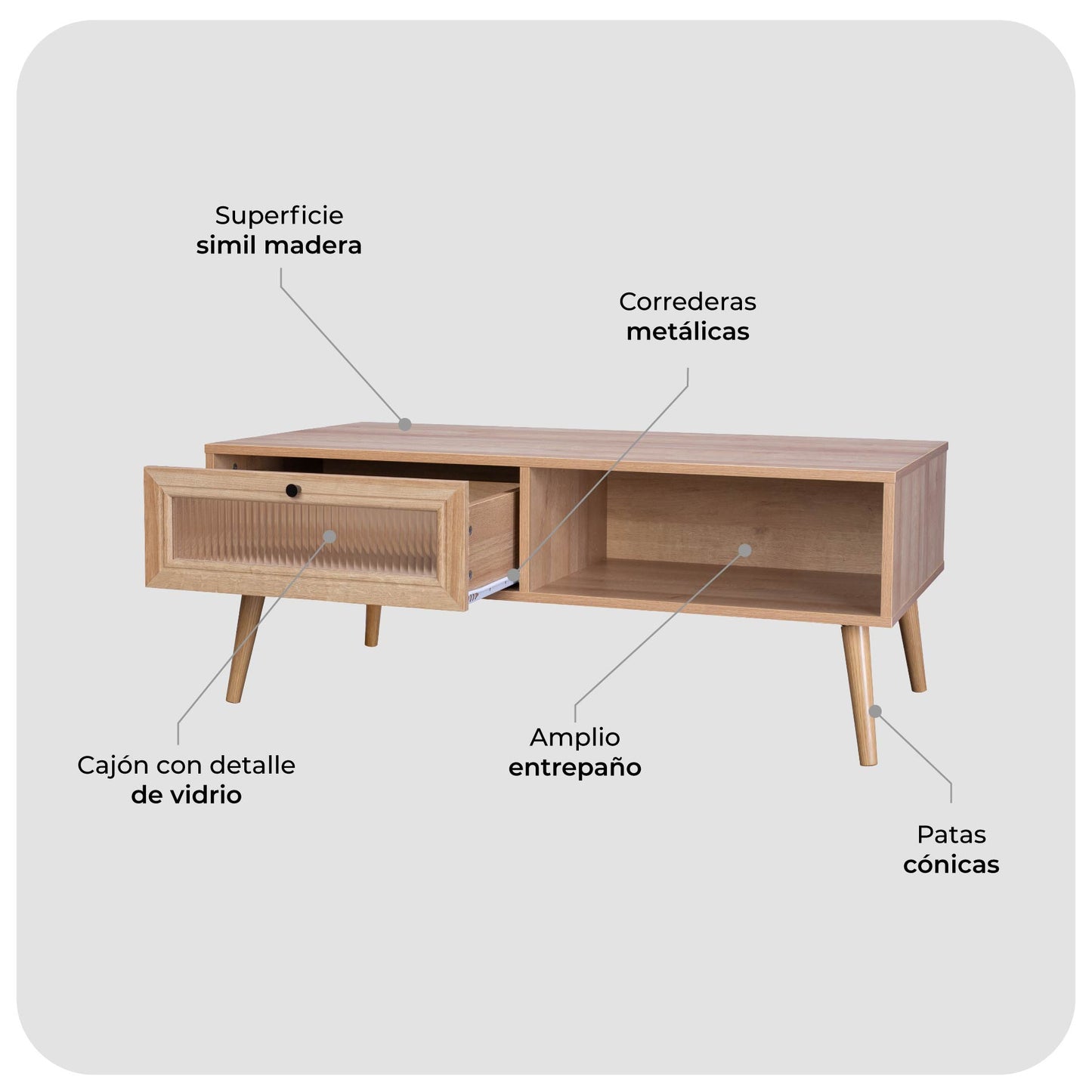 Mesa de Centro con Estante y Cajón de Vidrio