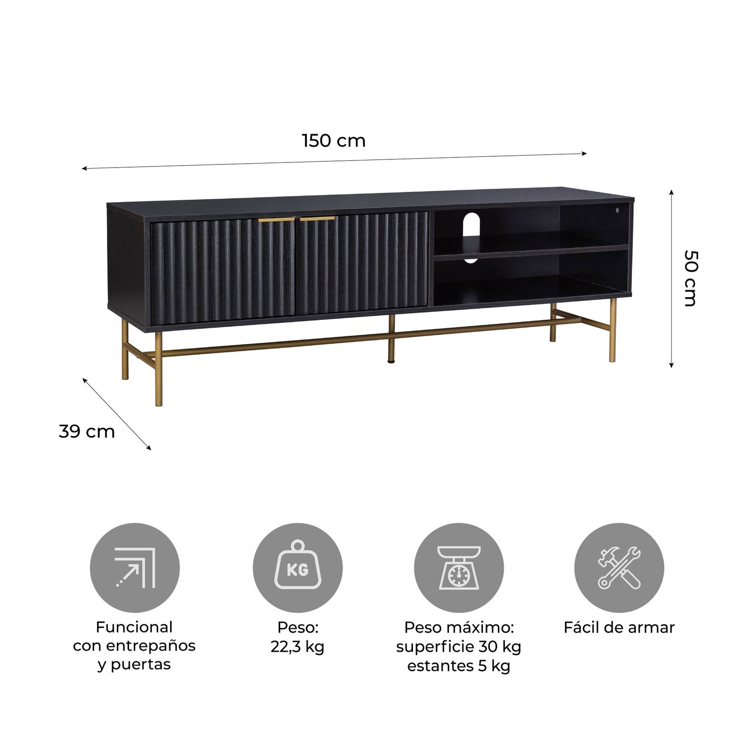 Mueble para TV Moderno Diseño Acanalado Negro y Dorado