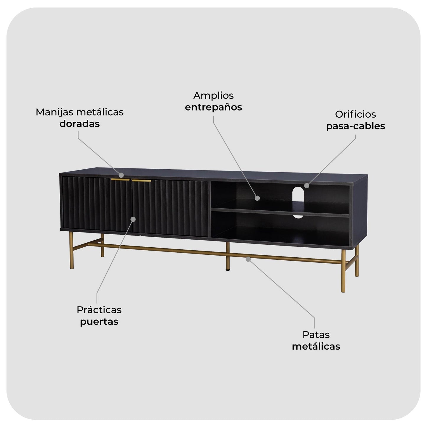 Mueble para TV Moderno Diseño Acanalado Negro y Dorado