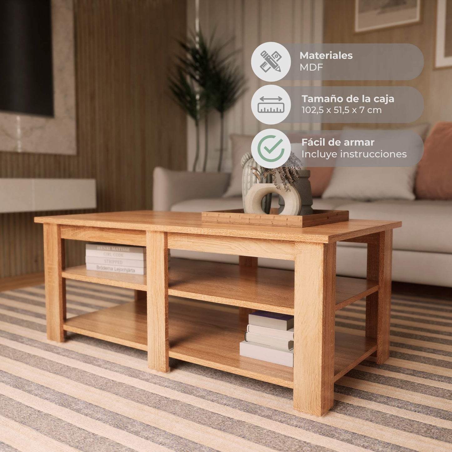 Mesa de Centro Minimalista Estilo Madera Roble