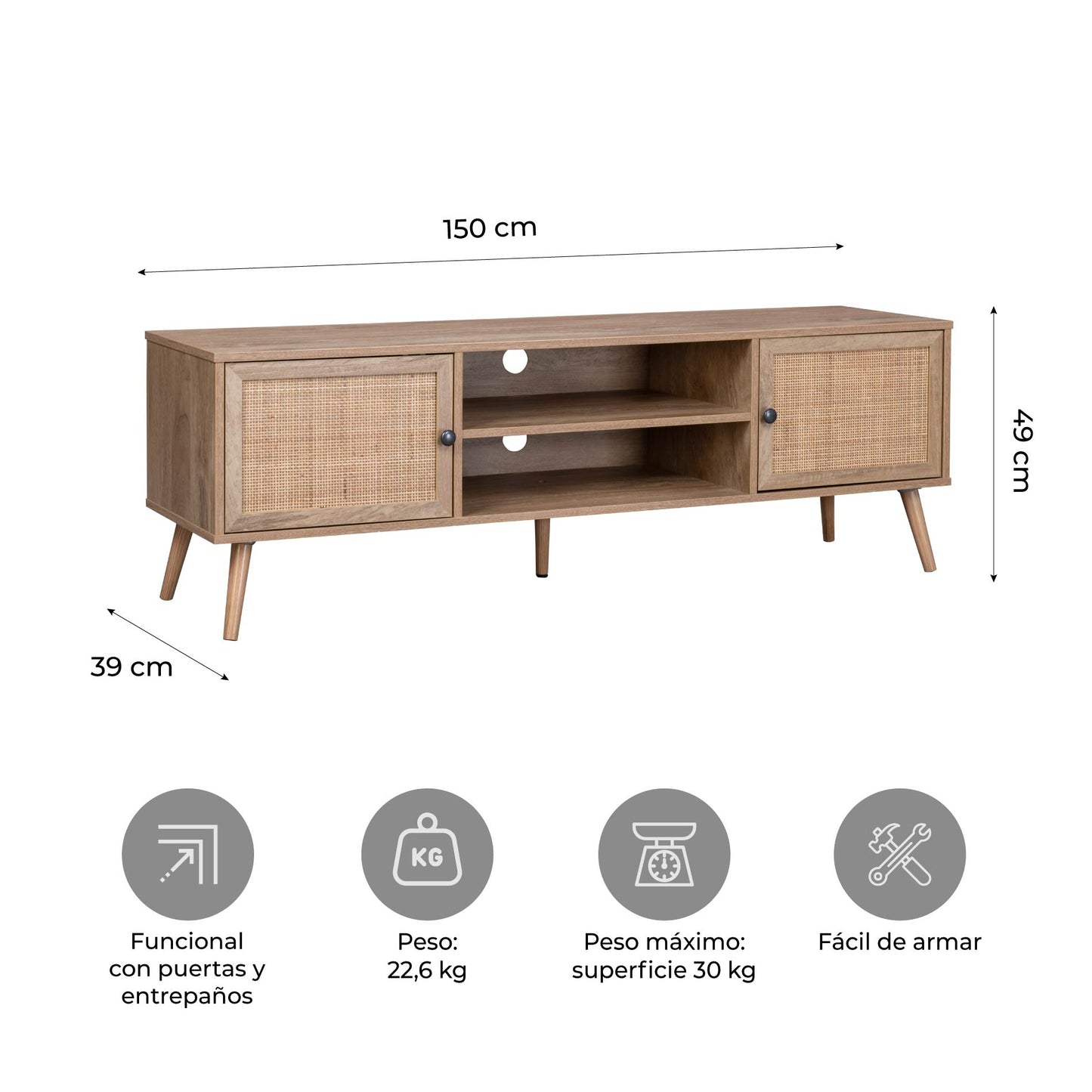 Mueble para TV con Estantes Centrales y Puertas de Ratán