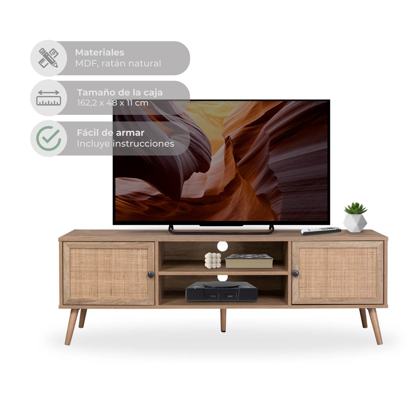 Mueble para TV con Estantes Centrales y Puertas de Ratán