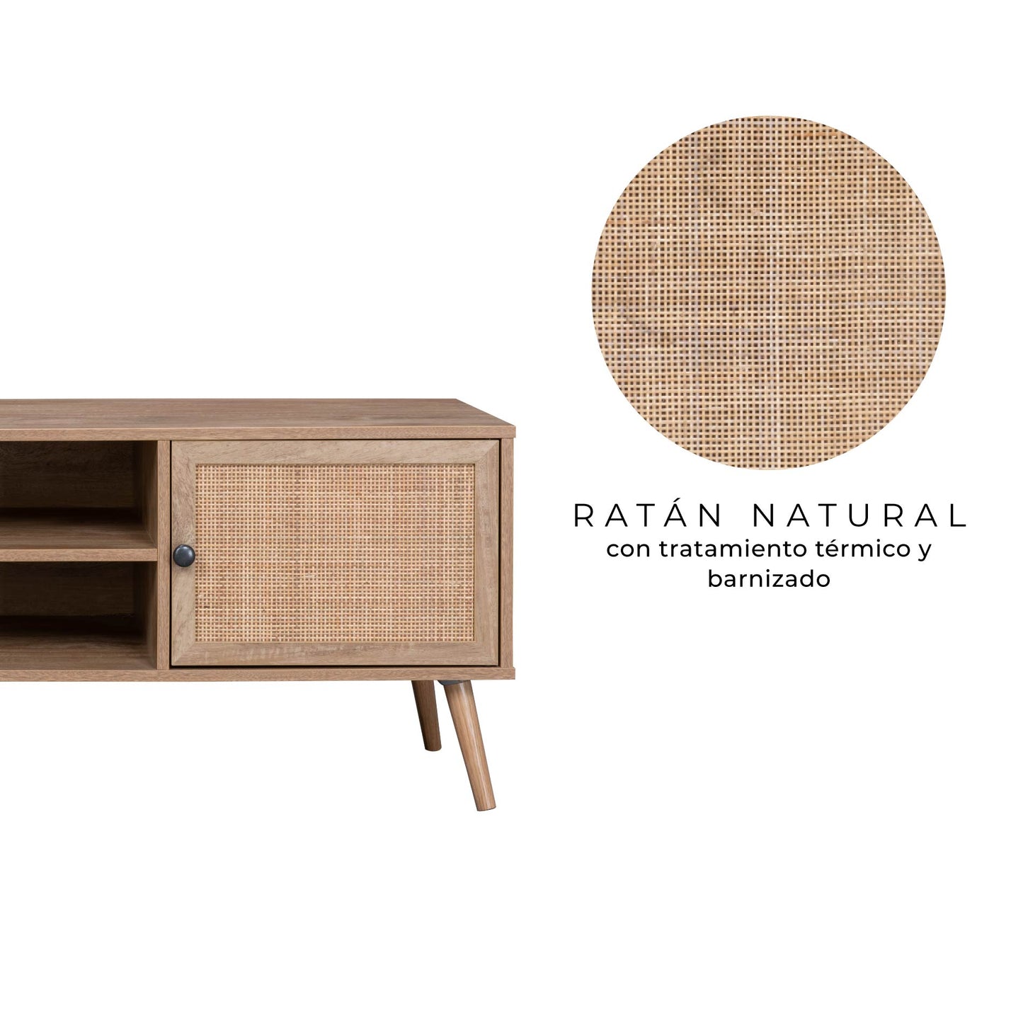 Mueble para TV con Estantes Centrales y Puertas de Ratán