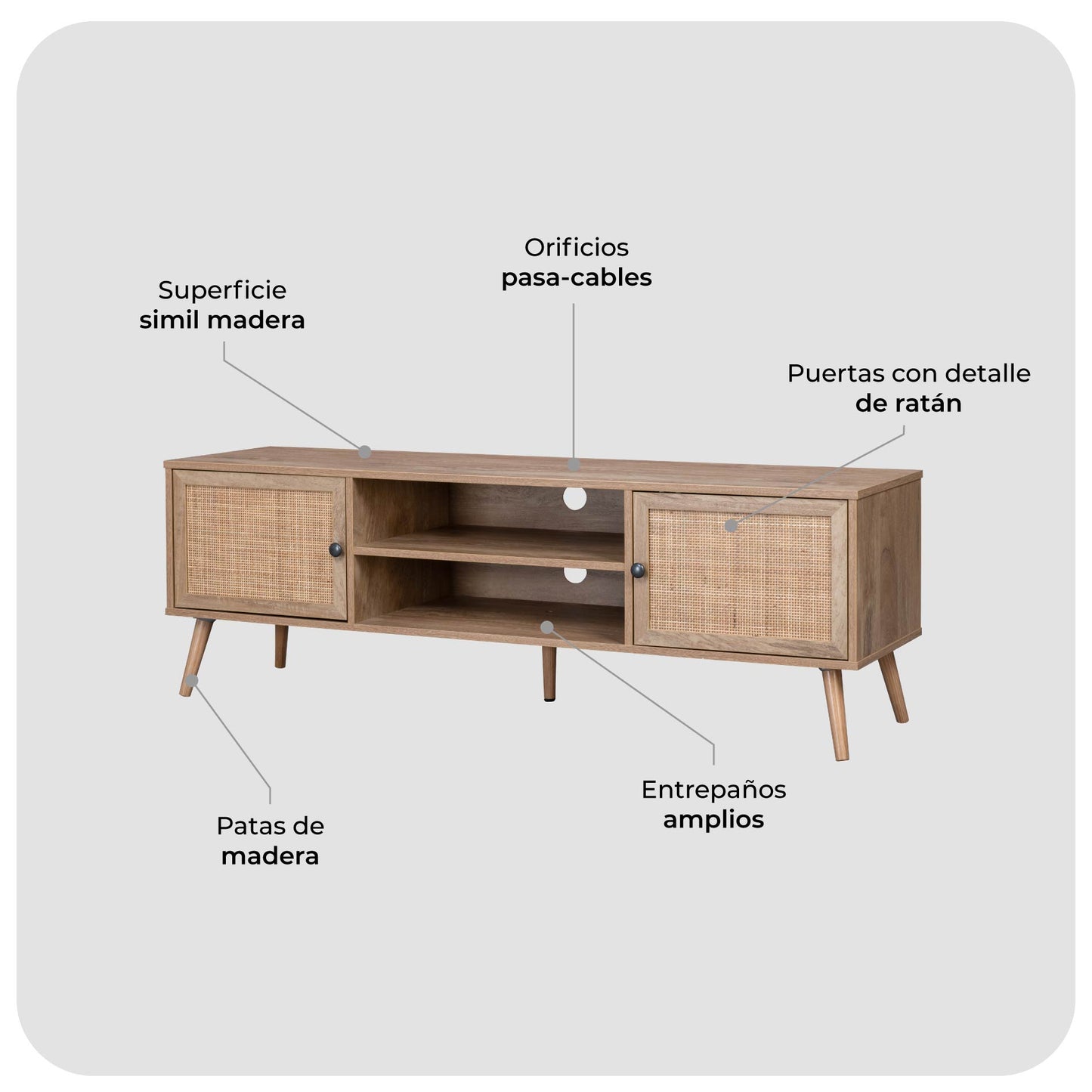 Mueble para TV con Estantes Centrales y Puertas de Ratán
