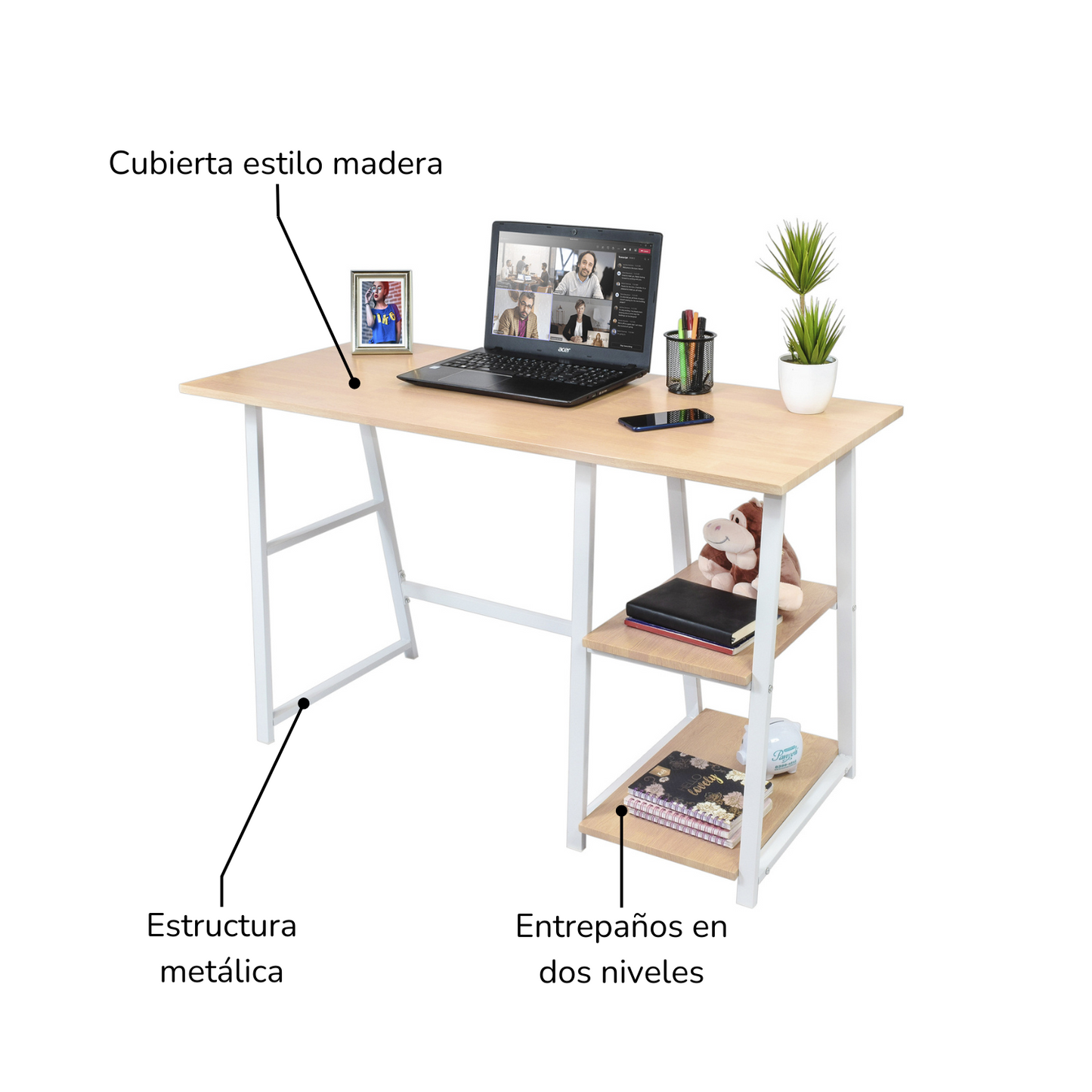 Escritorio Pino-B con Entrepaños Laterales Café Claro