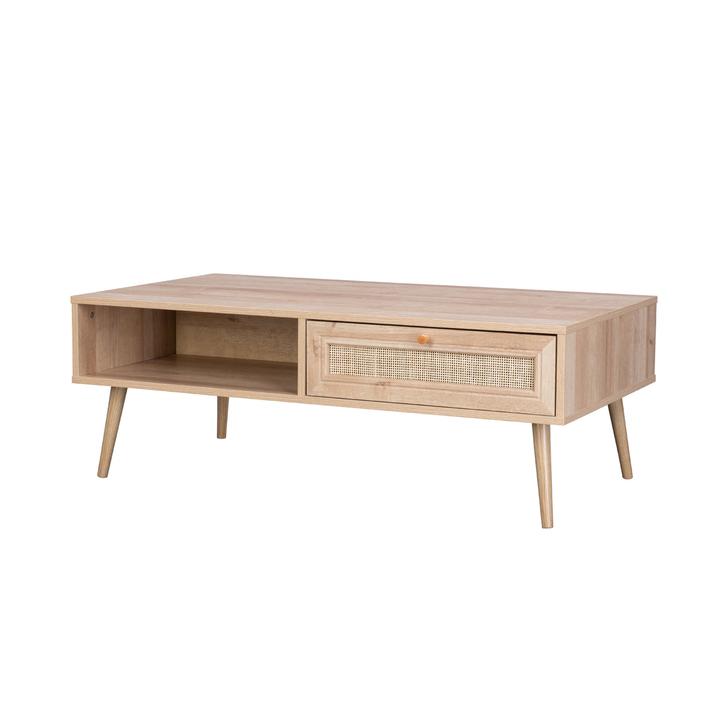 Mesa de Centro con Estante y Cajón de Ratán