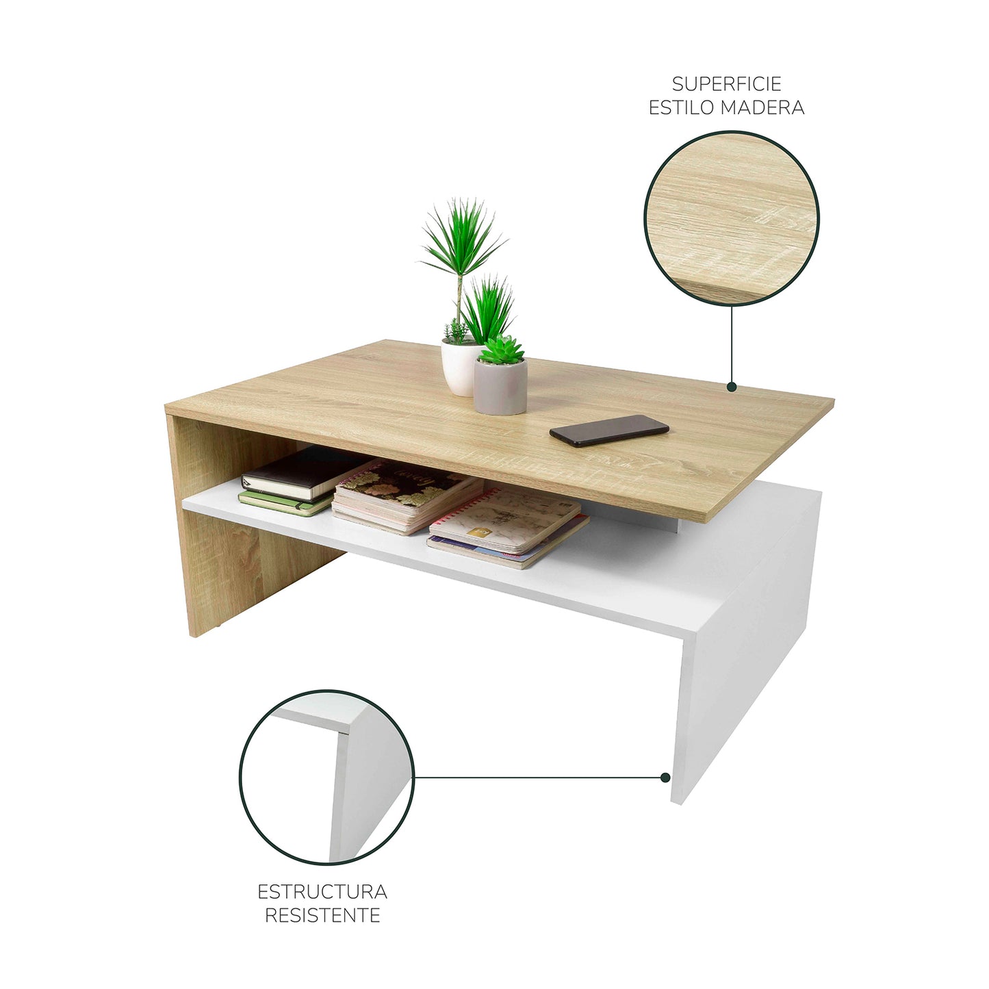 Mesa de Centro Olivo con Estante Inferior Beige y Blanca