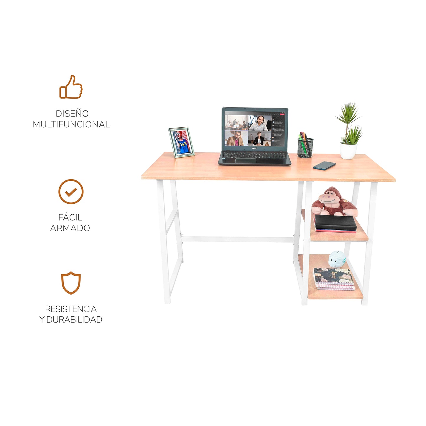 Escritorio Pino-B con Entrepaños Laterales Café Claro