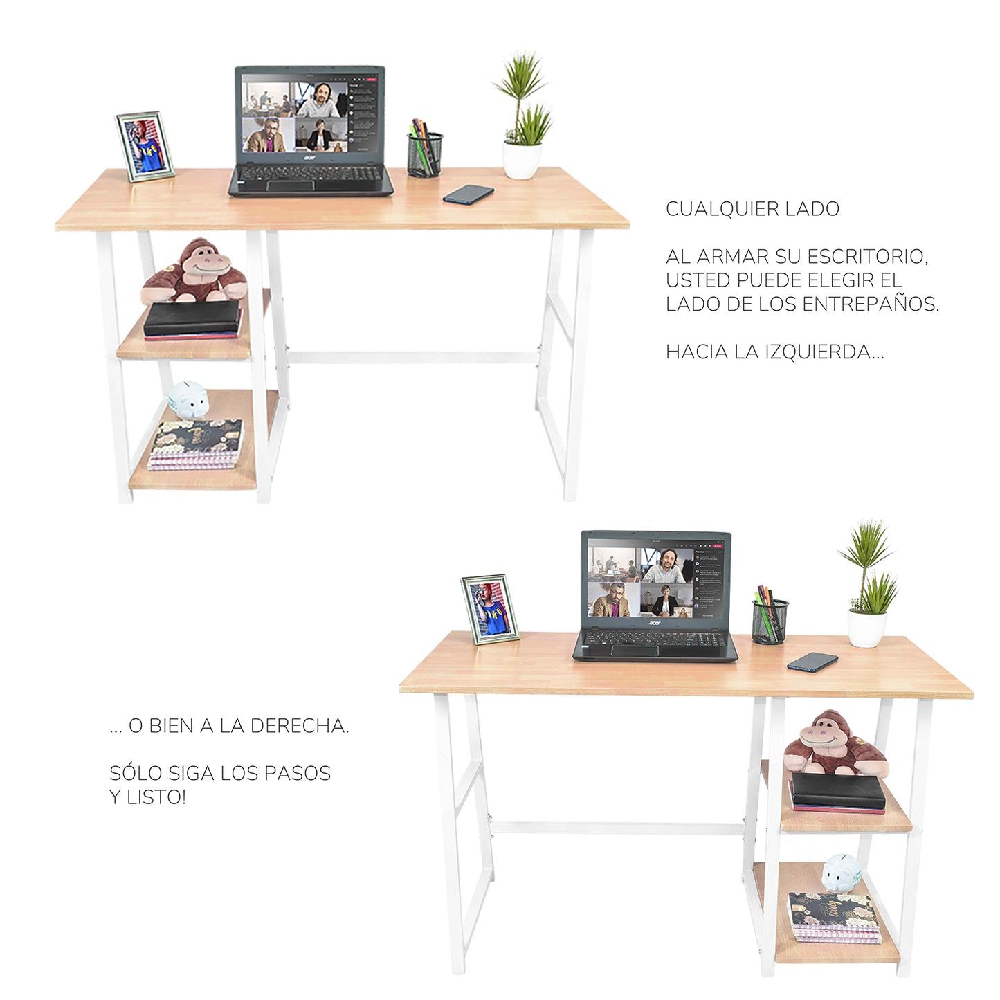 Escritorio Pino-B con Entrepaños Laterales Café Claro