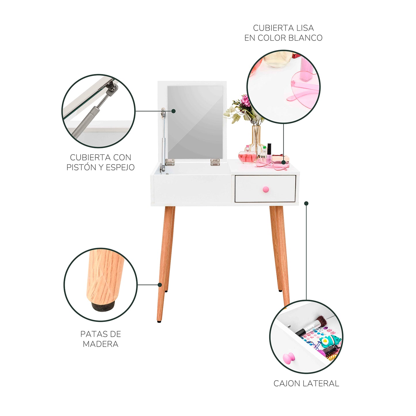 Tocador Maquillador Queen con Espejo Blanco
