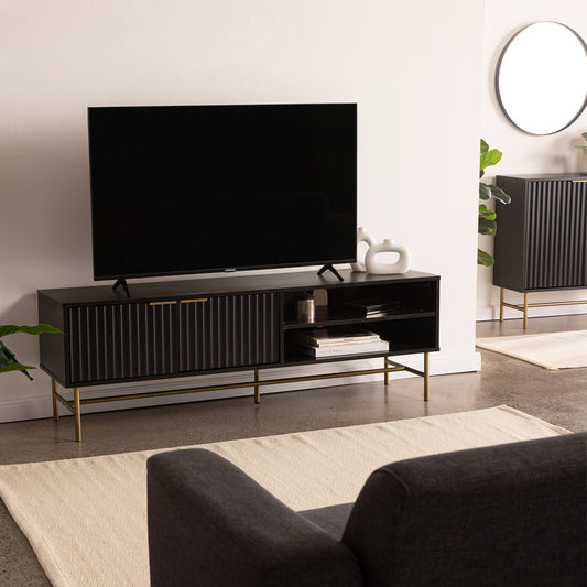 Mueble para TV Moderno Diseño Acanalado Negro y Dorado