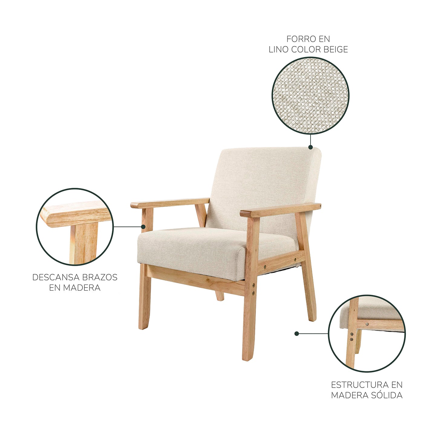Sillón Individual San Carlos de Madera Tapizado Beige