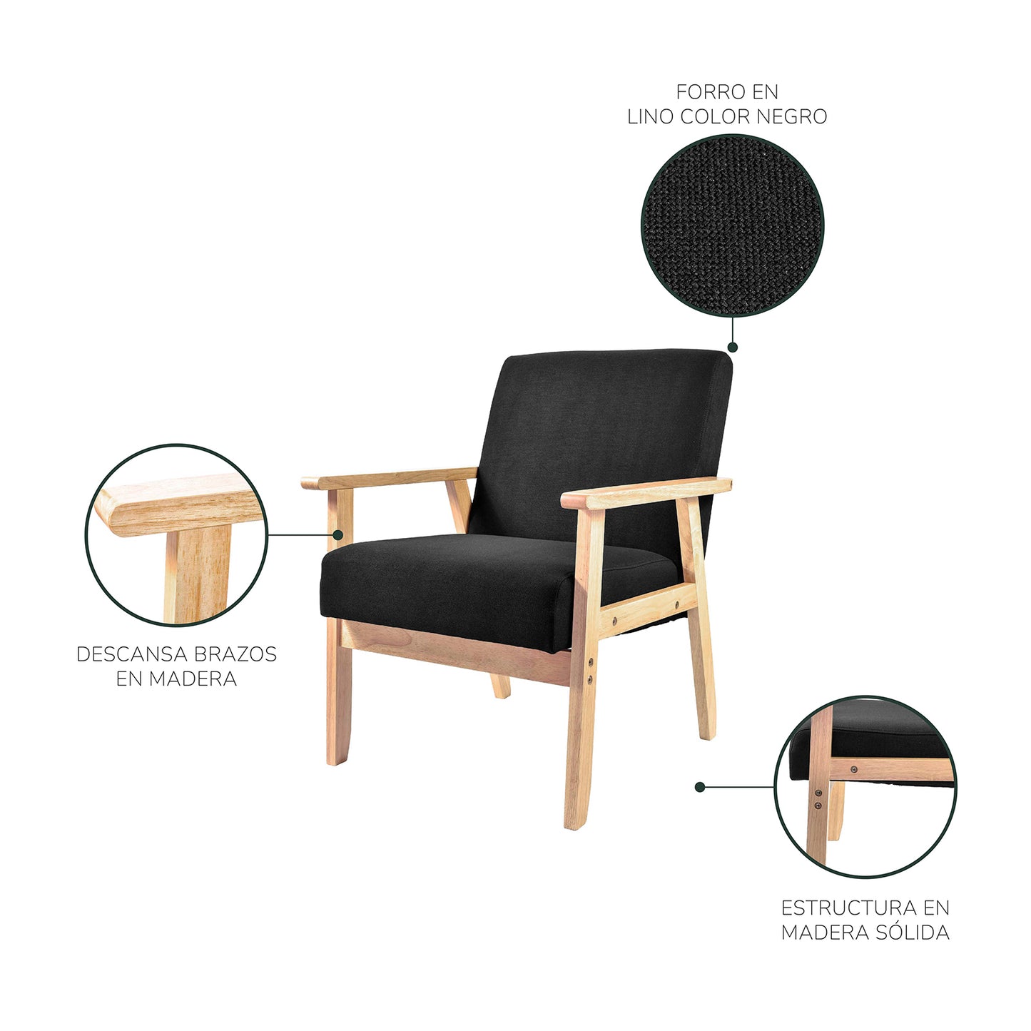 Sillón Individual San Carlos de Madera Tapizado Negro