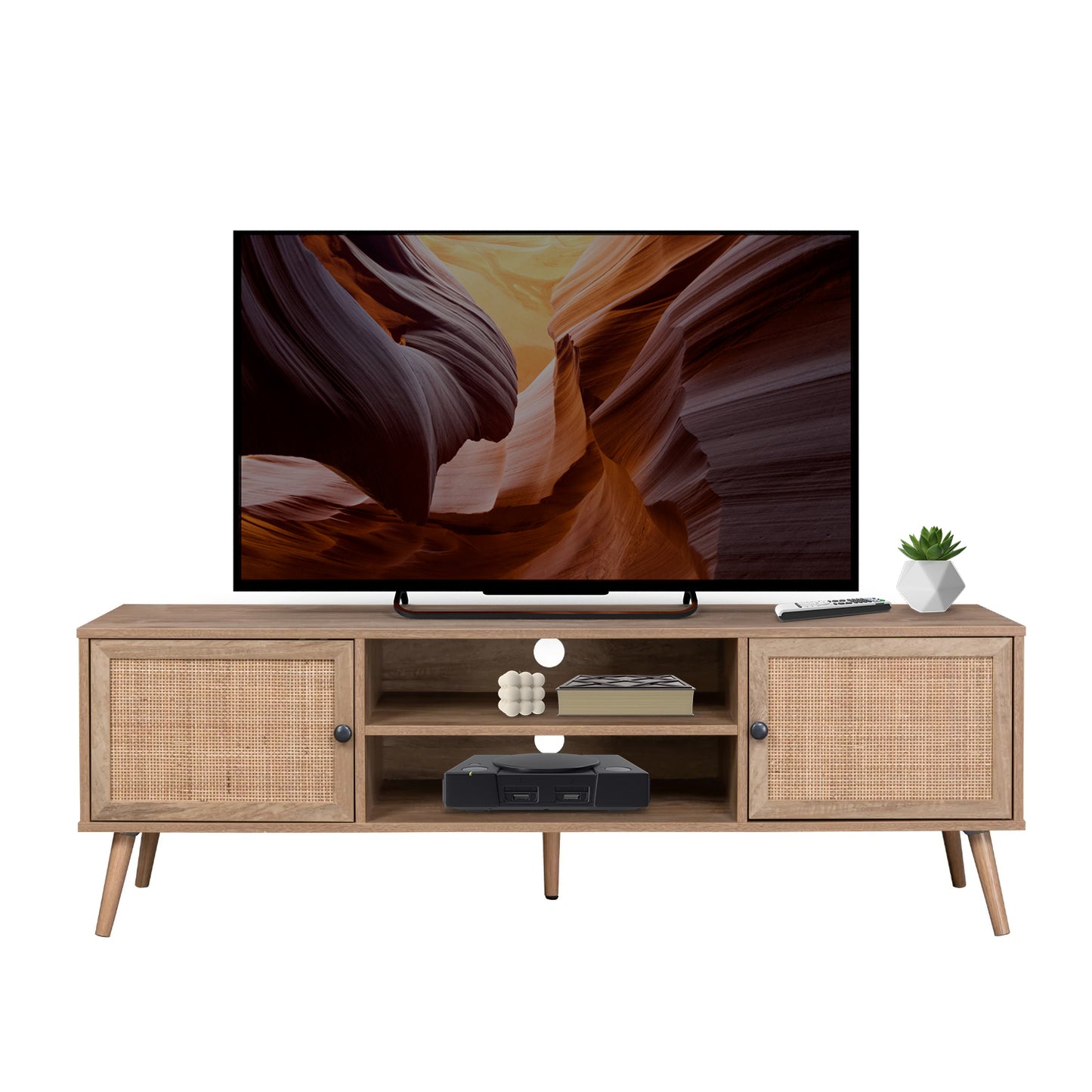 Mueble para TV con Estantes Centrales y Puertas de Ratán
