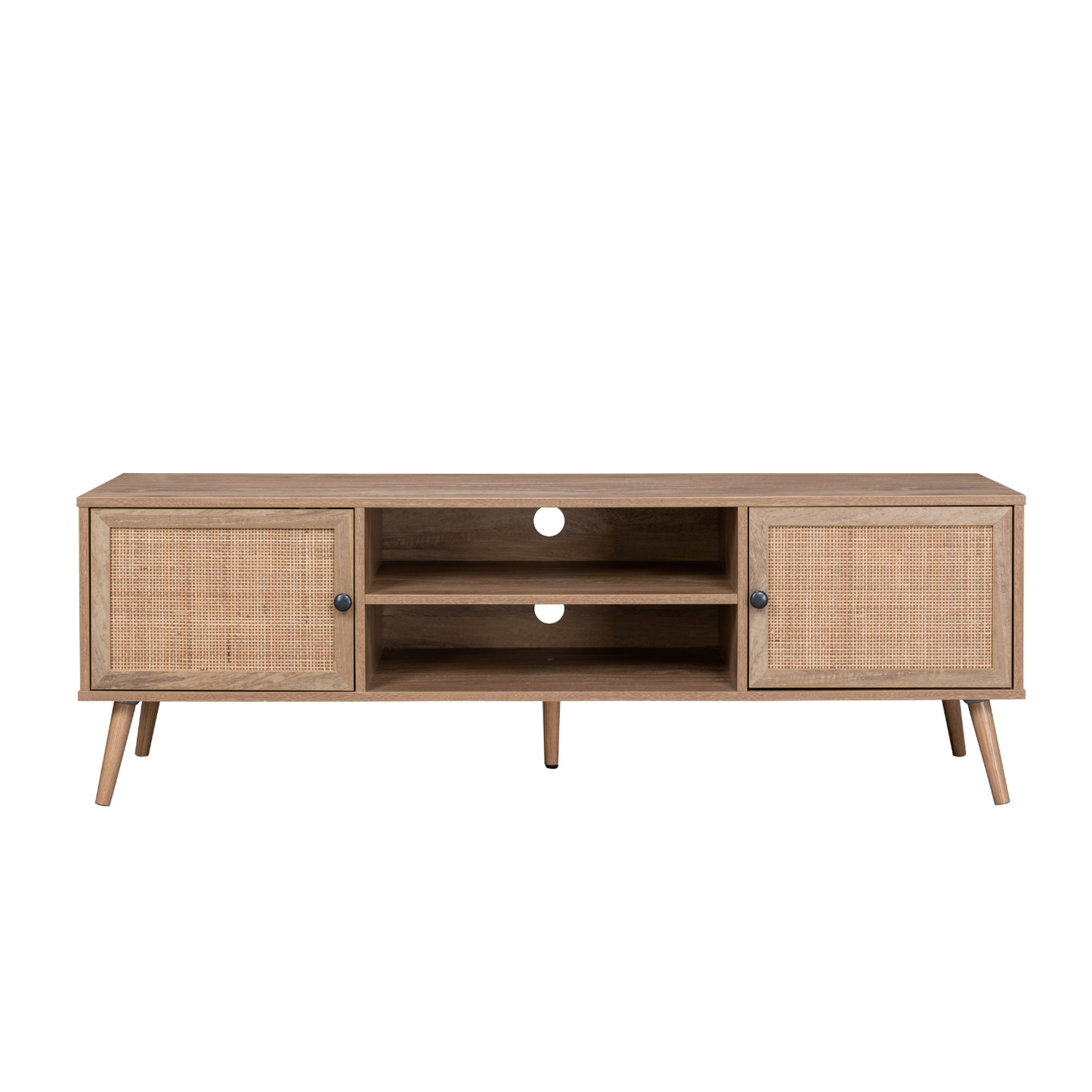 Mueble para TV con Estantes Centrales y Puertas de Ratán