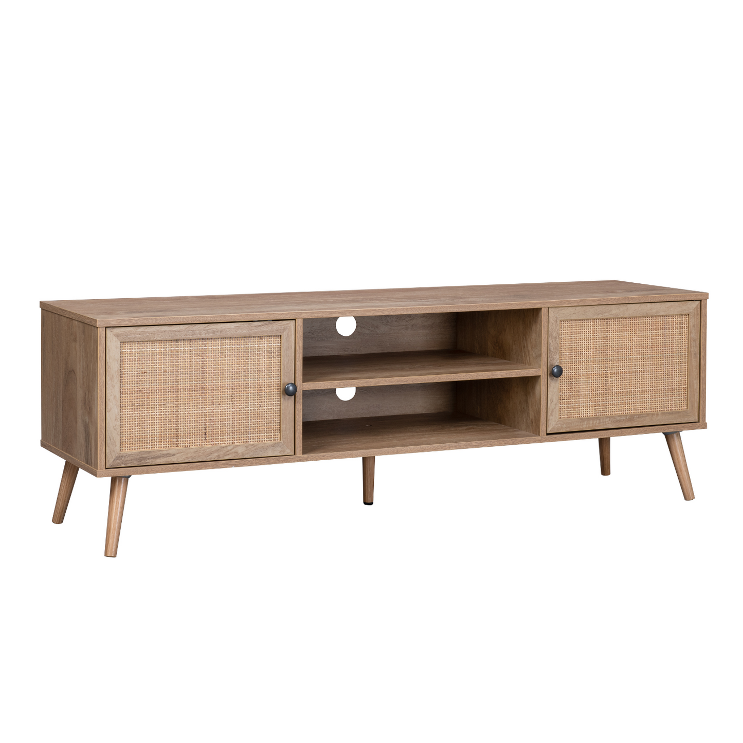 Mueble para TV con Estantes Centrales y Puertas de Ratán