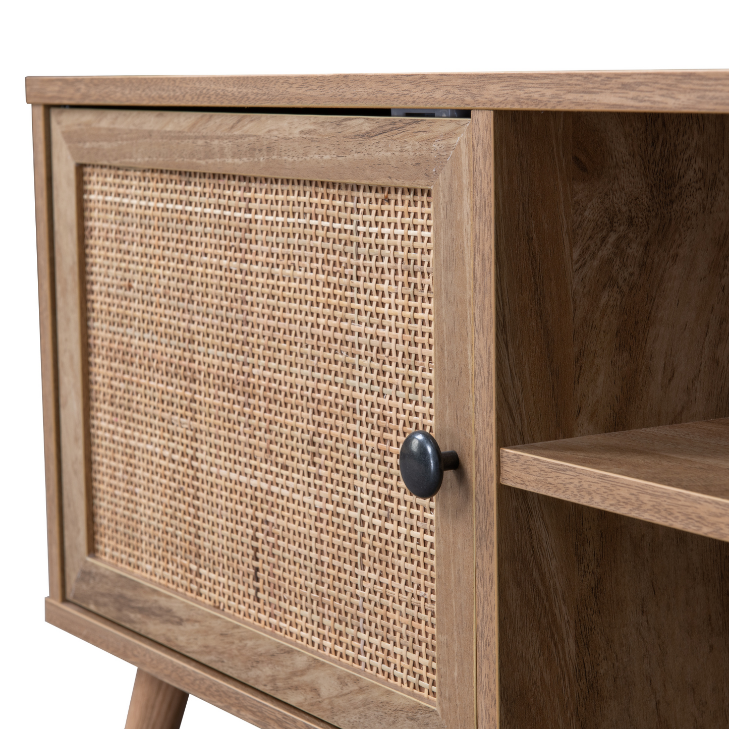 Mueble para TV con Estantes Centrales y Puertas de Ratán