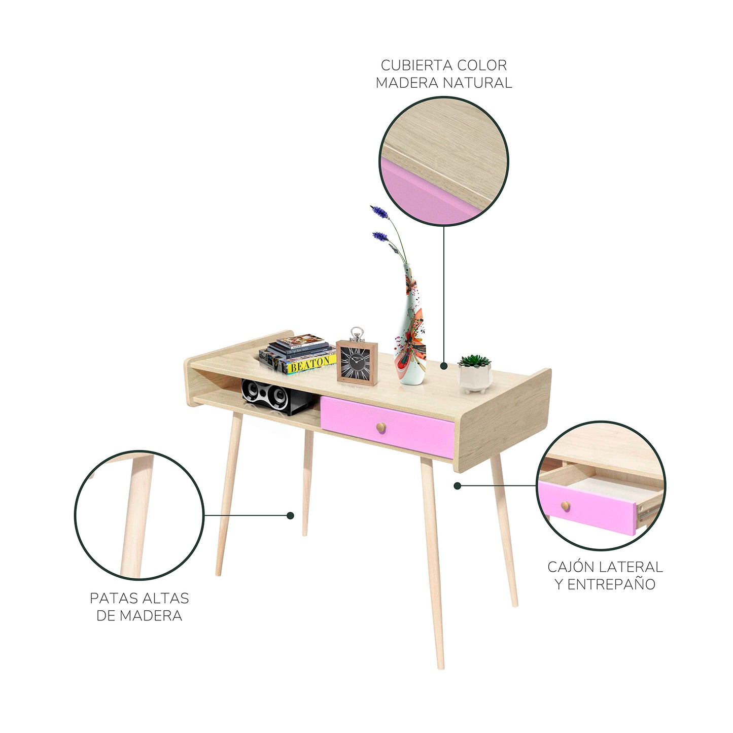 Escritorio Vintage-Pink con Cajón Rosa