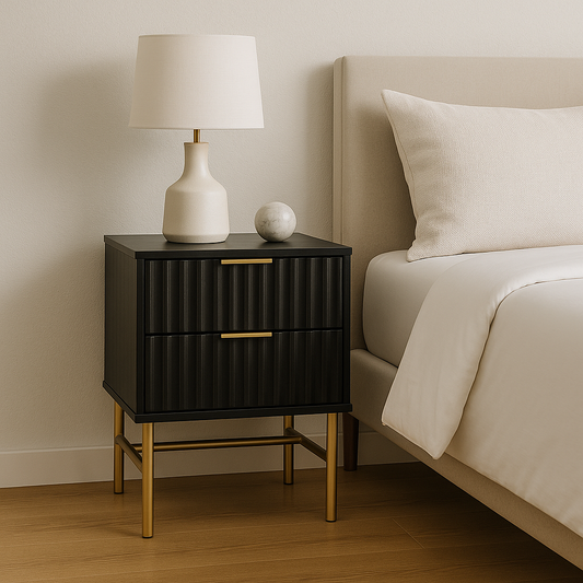 Buró Moderno Diseño Acanalado con 2 Cajones Negro y Dorado