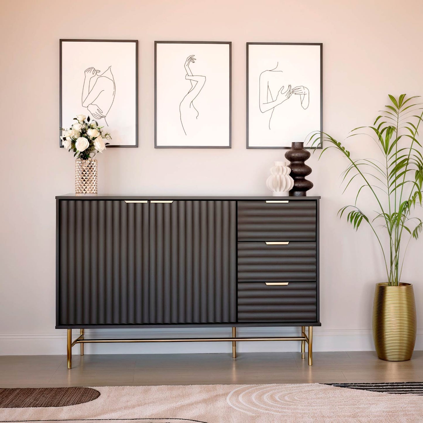 Credenza Bufetera con Puertas y Cajones Diseño Acanalado Negro y Dorado