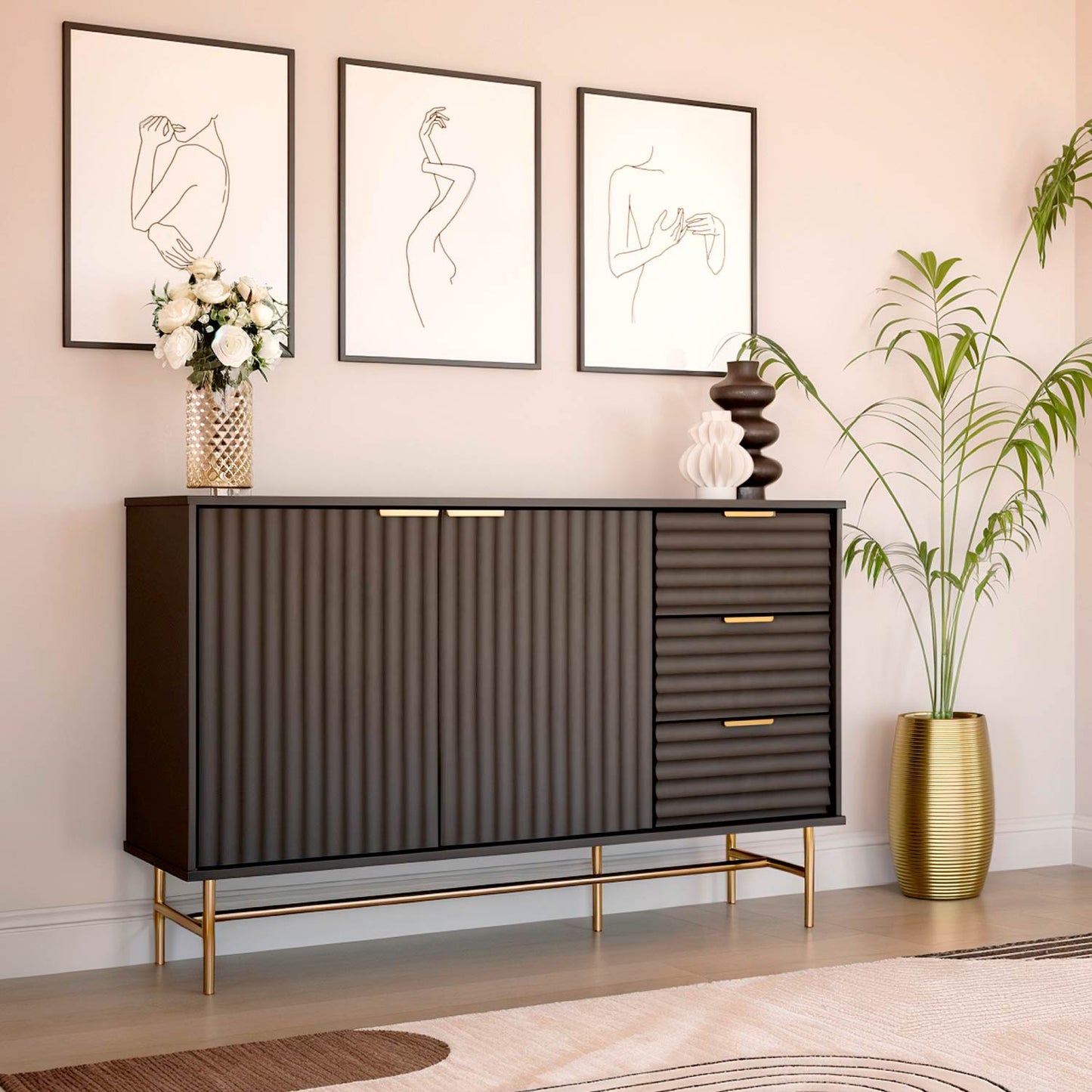 Credenza Bufetera con Puertas y Cajones Diseño Acanalado Negro y Dorado