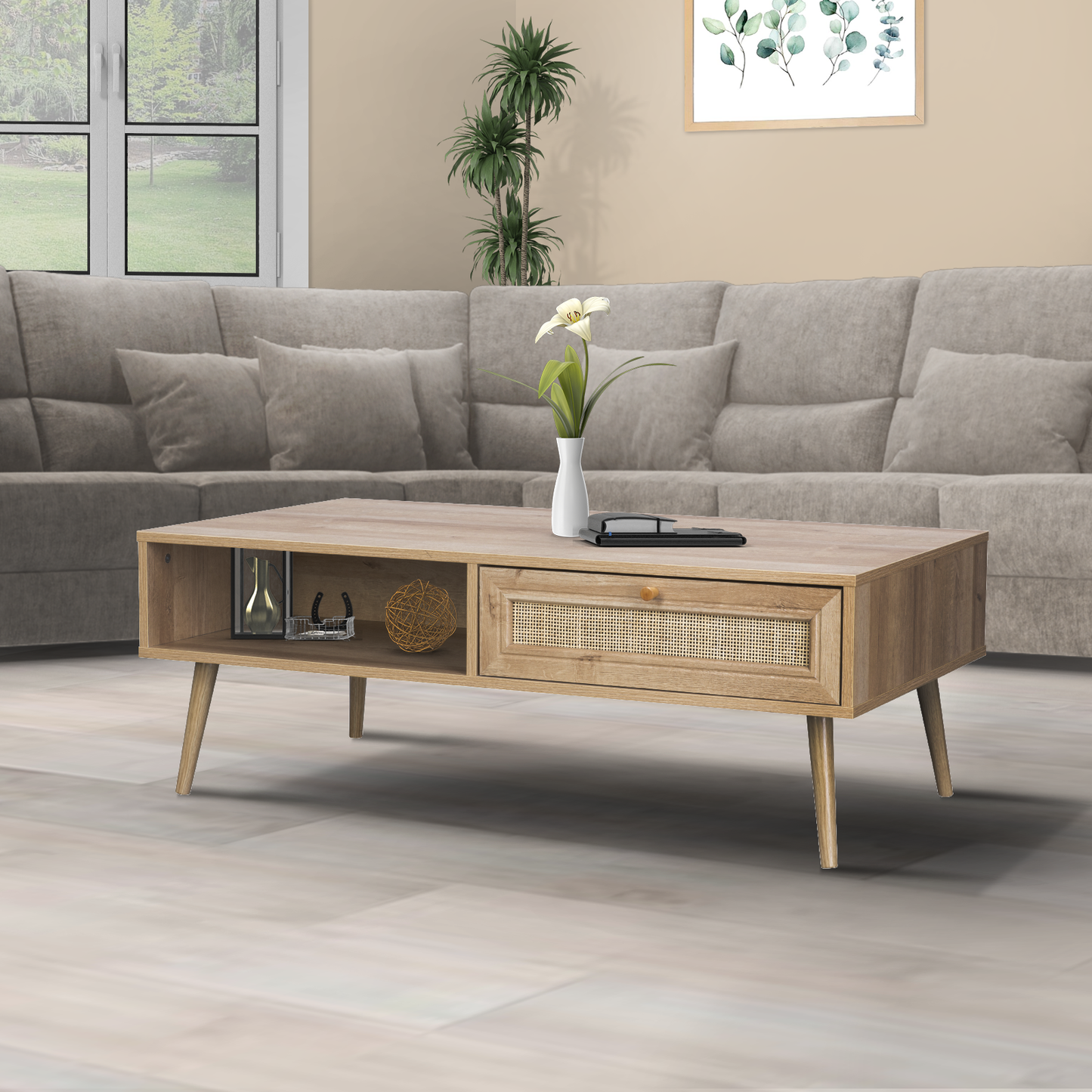 Mesa de Centro con Estante y Cajón de Ratán