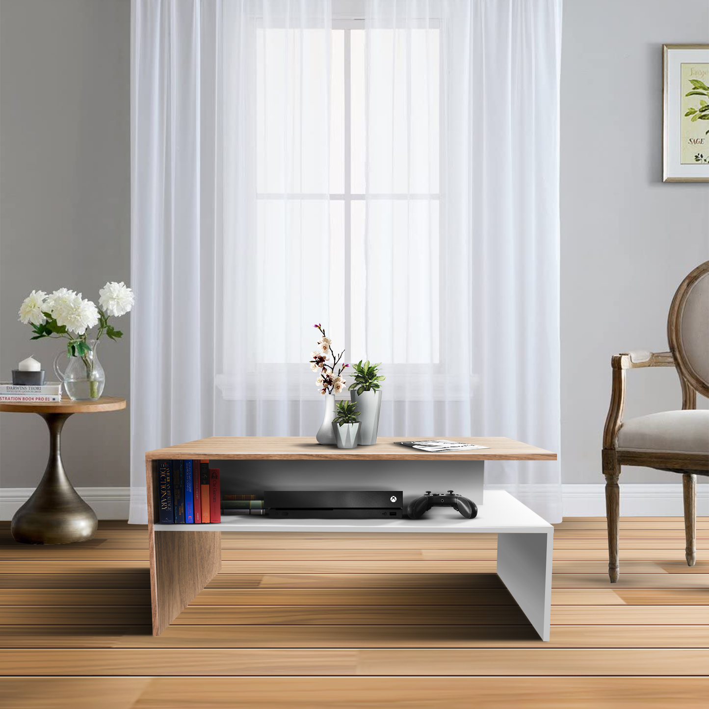 Mesa de Centro Olivo con Estante Inferior Beige y Blanca