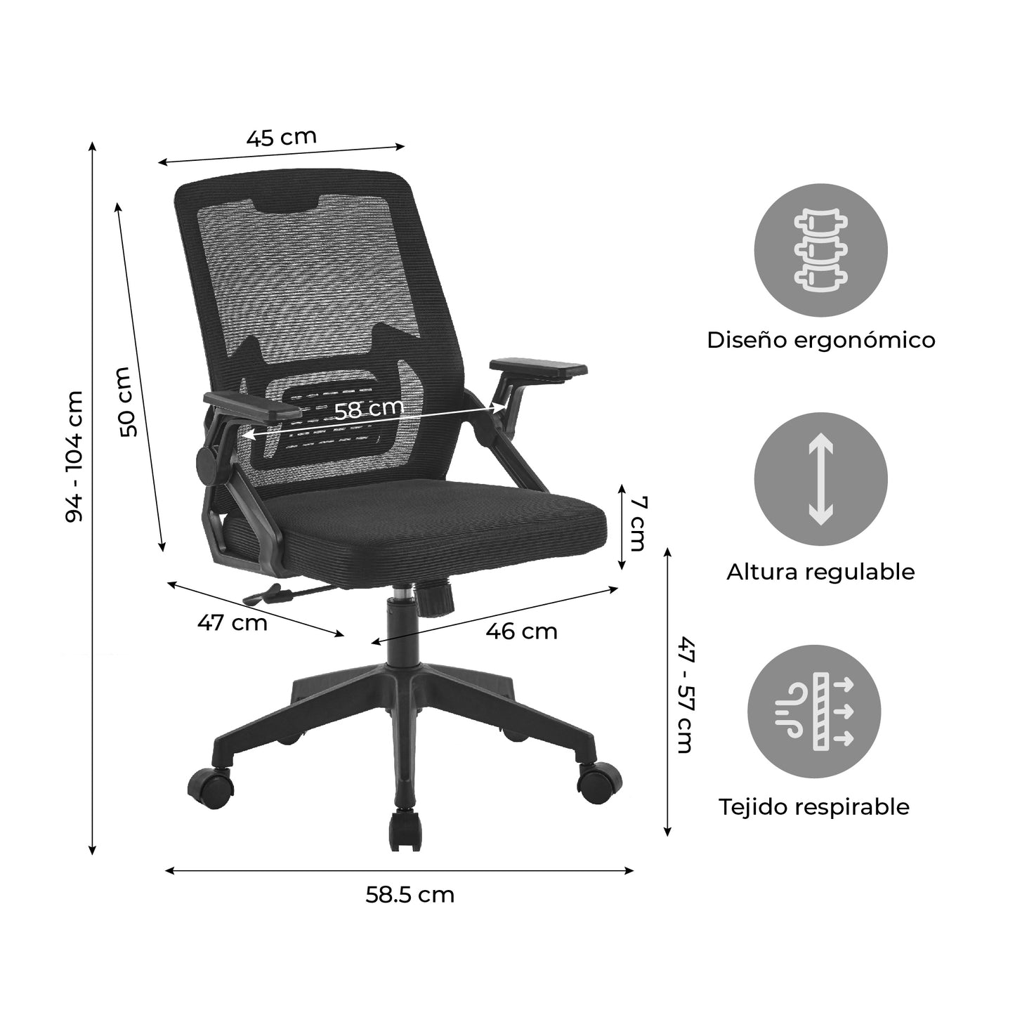 Silla de Oficina Ergonómica Brazos Abatibles Negra