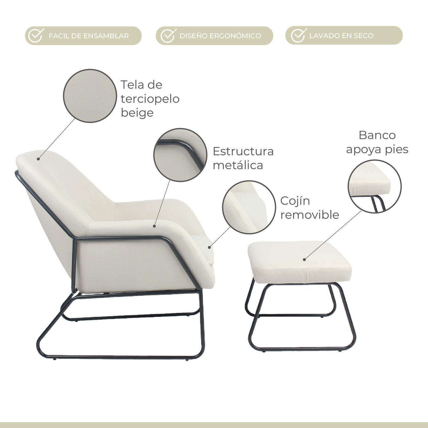 Sillón Individual con Taburete Reposapiés Terciopelo Beige