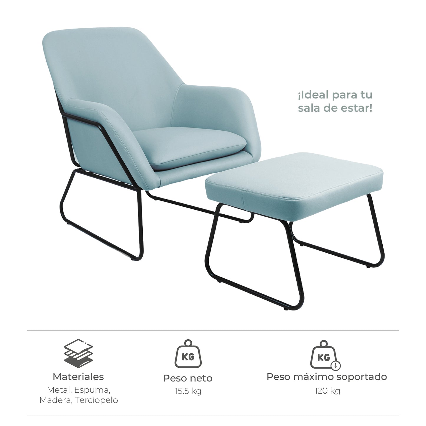 Sillón Individual con Taburete Reposapiés Terciopelo Azul