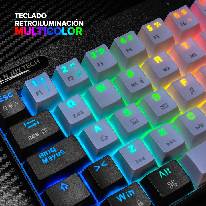 Teclado Gamer Njoytech Retroiluminado Inalámbrico con Bluetooth Blanco y Negro