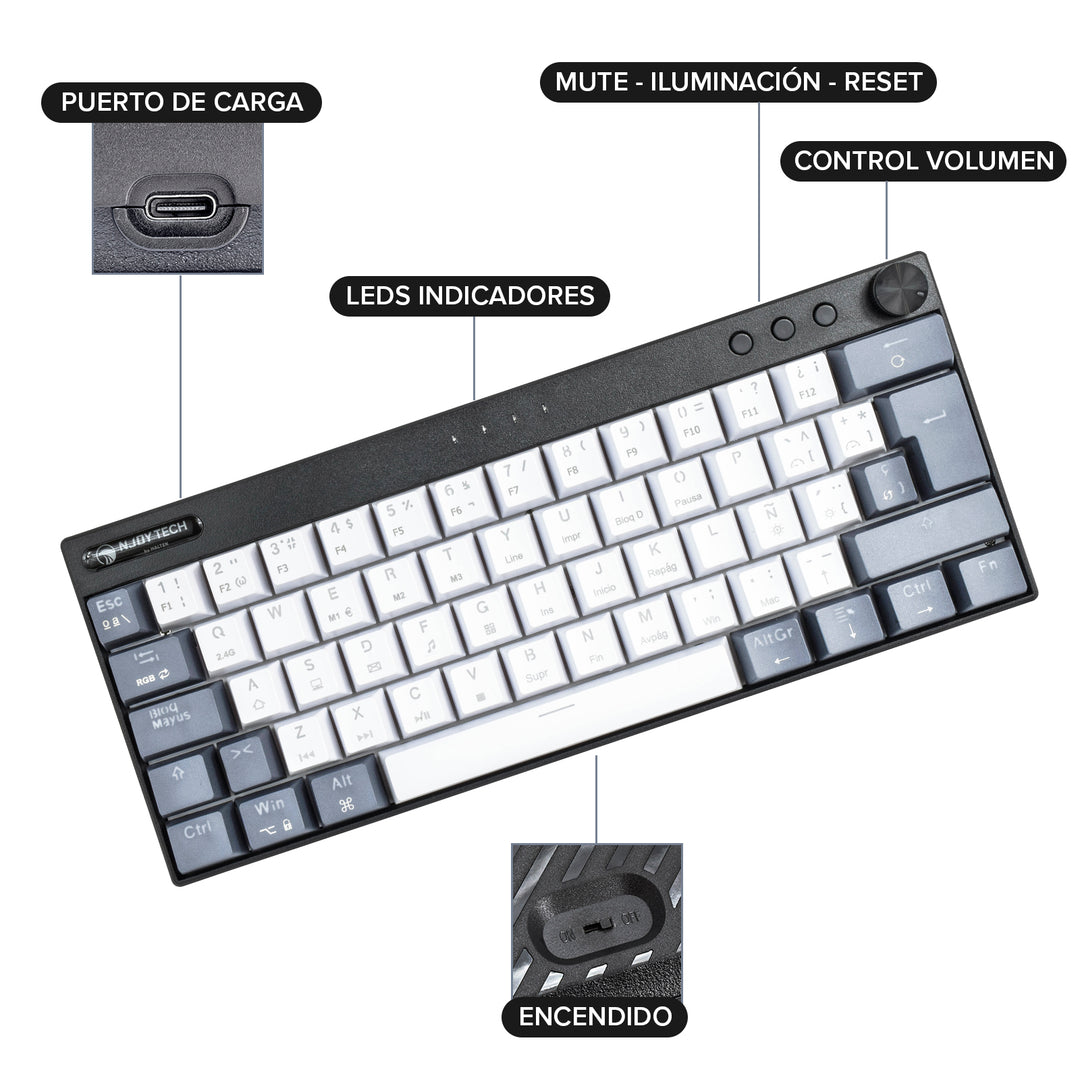 Teclado Gamer Njoytech Retroiluminado Inalámbrico con Bluetooth Blanco y Negro