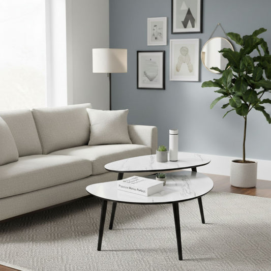 Set Mesas de Centro Catte 2 Piezas Tipo Mármol Blanco