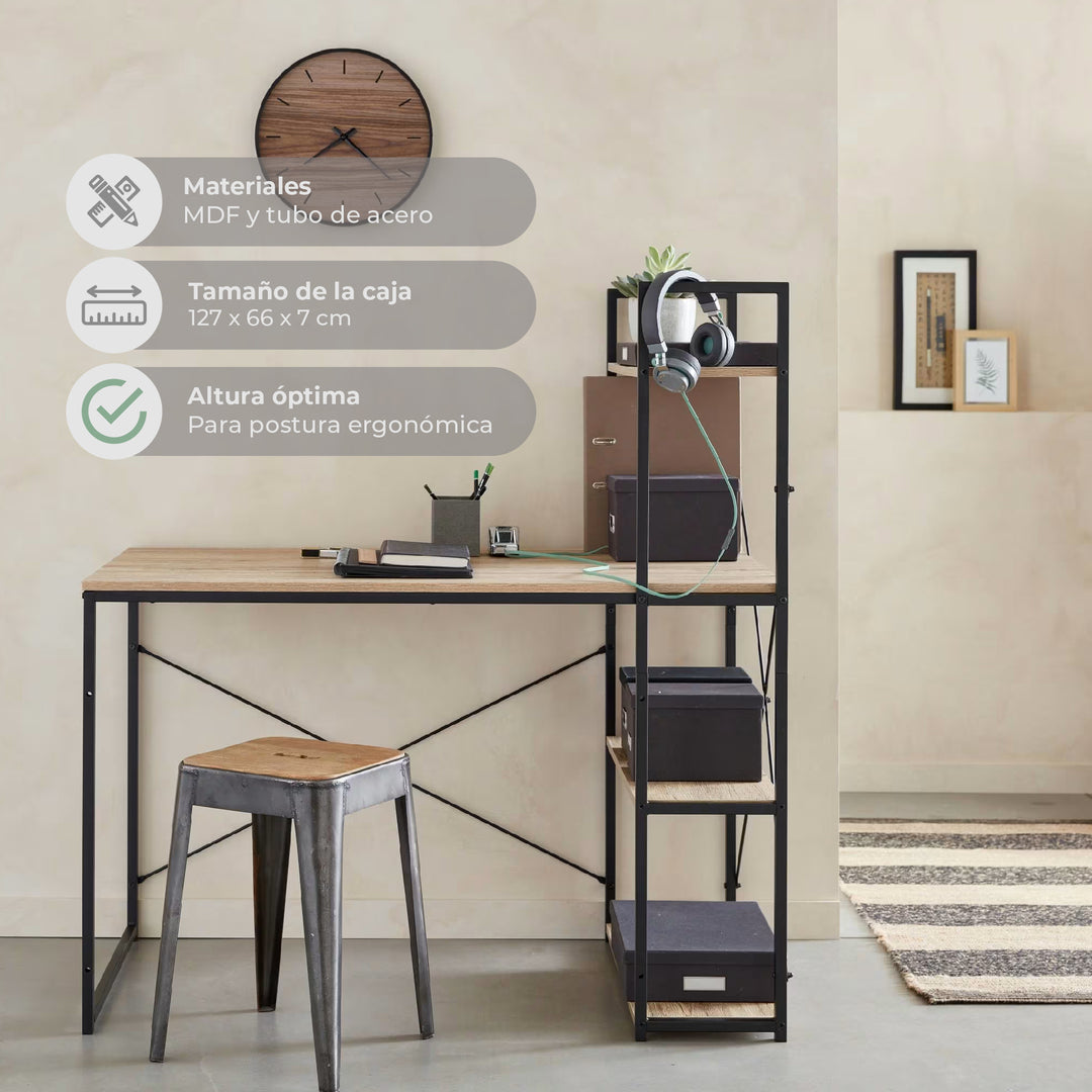 Escritorio con Estantes Negro y Beige