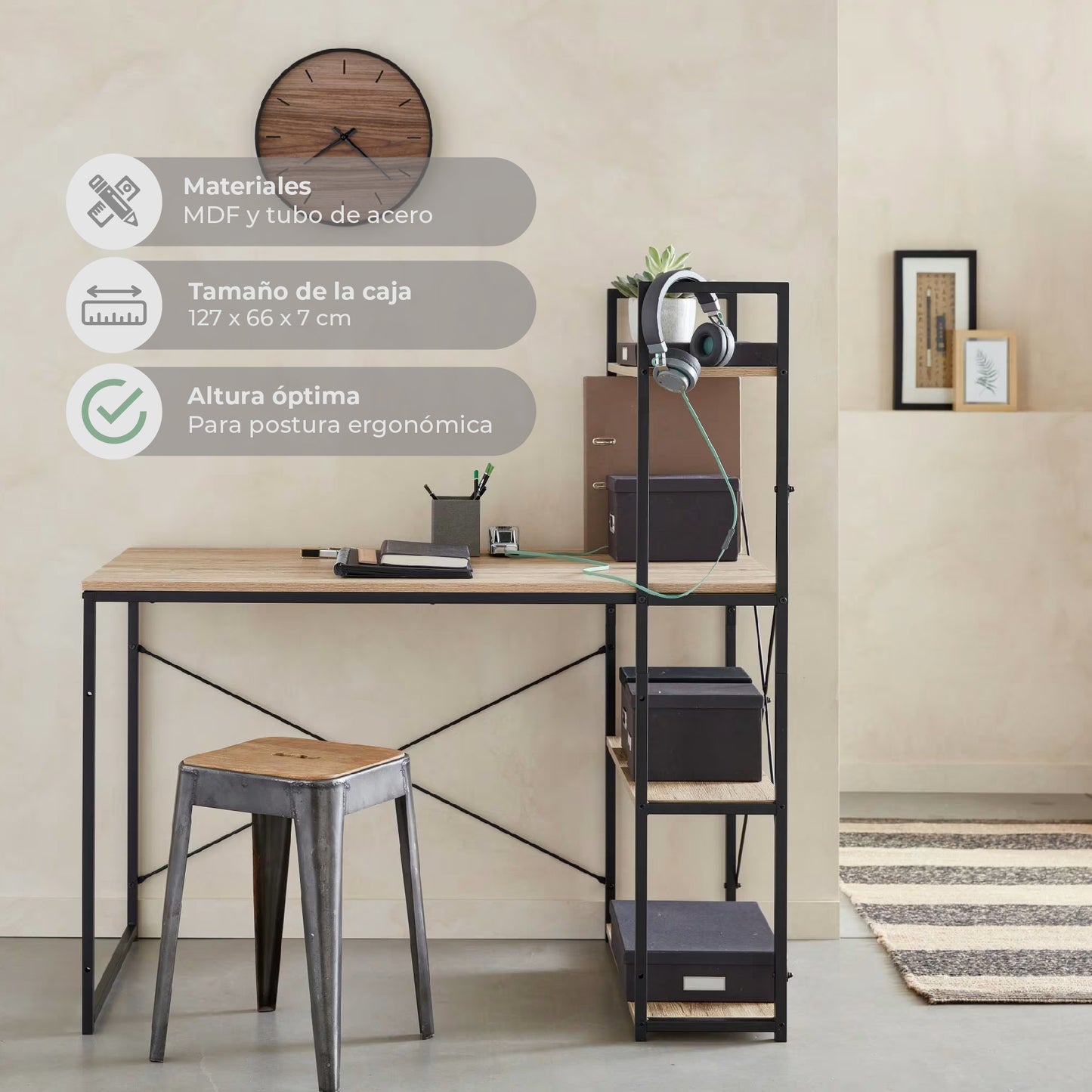 Escritorio con Estantes Negro y Beige