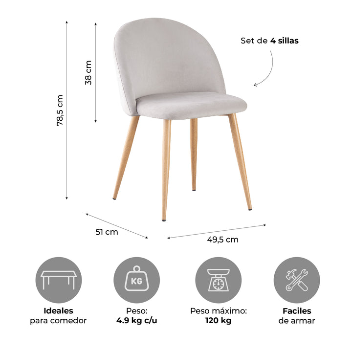 Set 4 Sillas de Sala Comedor Modernas Terciopelo Gris